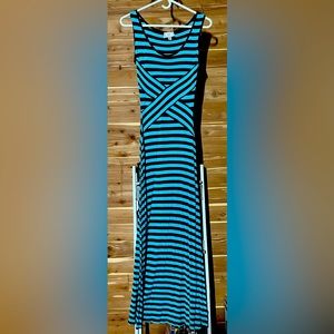 ECI New York blue and black fitted maxi dress.